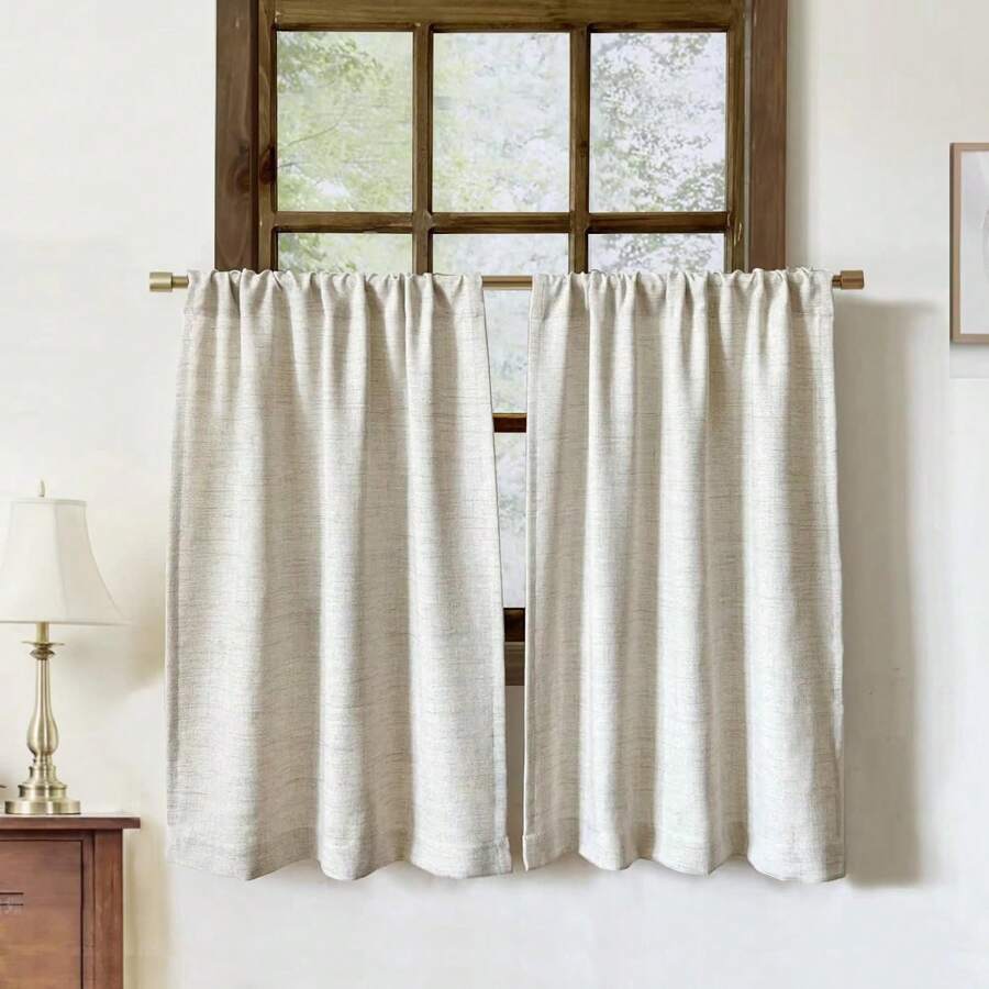 1pc Faux Linen Kitchen Short Curtain, Semi-Sheer Privacy Protecting Petite Window Drape, Linen Texture Pattern, Minimalist Bedroom Curtain - Beige - View 1