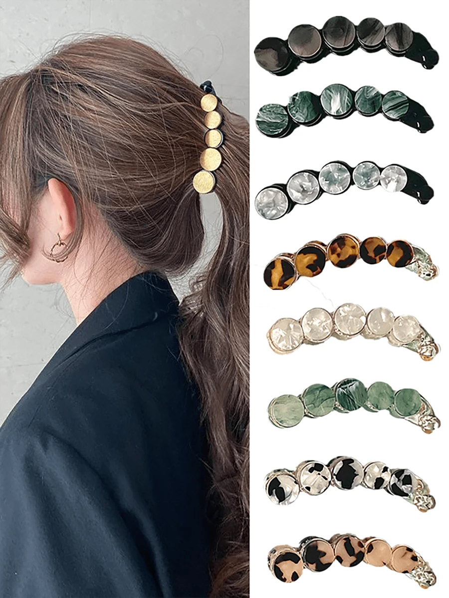 5个/1个极简大理石纹香蕉发夹，优雅女士醋酸纤维豹纹马尾发夹，休闲玳瑁纹大号发夹 - 彩色 - 查看 1
