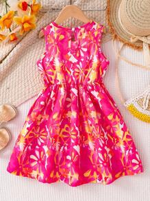 Young Girl Summer Fashion Elegant Ditsy Floral Spaghetti Strap Tie Waist Dress, Full Print Sleeveless Summer Dress, Comfortable Soft Casual Dresses, Children Party Outdoor Spring Casual Wear