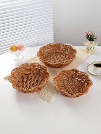 3 件/1 件手工编织塑料藤条深托盘，复古桌面收纳篮