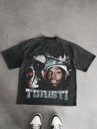 تي شيرت كاجوال قصير الأكمام بياقة طاقم للرجال بطراز رجعي عصري