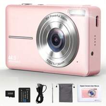 Digital Camera  Newest FHD 1080P 44MP Cameras For Photography, Point And Shoot Digital Camera For Kids With 32GB Card, 16X Zoom, Anti-Shake, Compact Small Travel Camera For Girls Boys Teens Kids - Pink - View 1