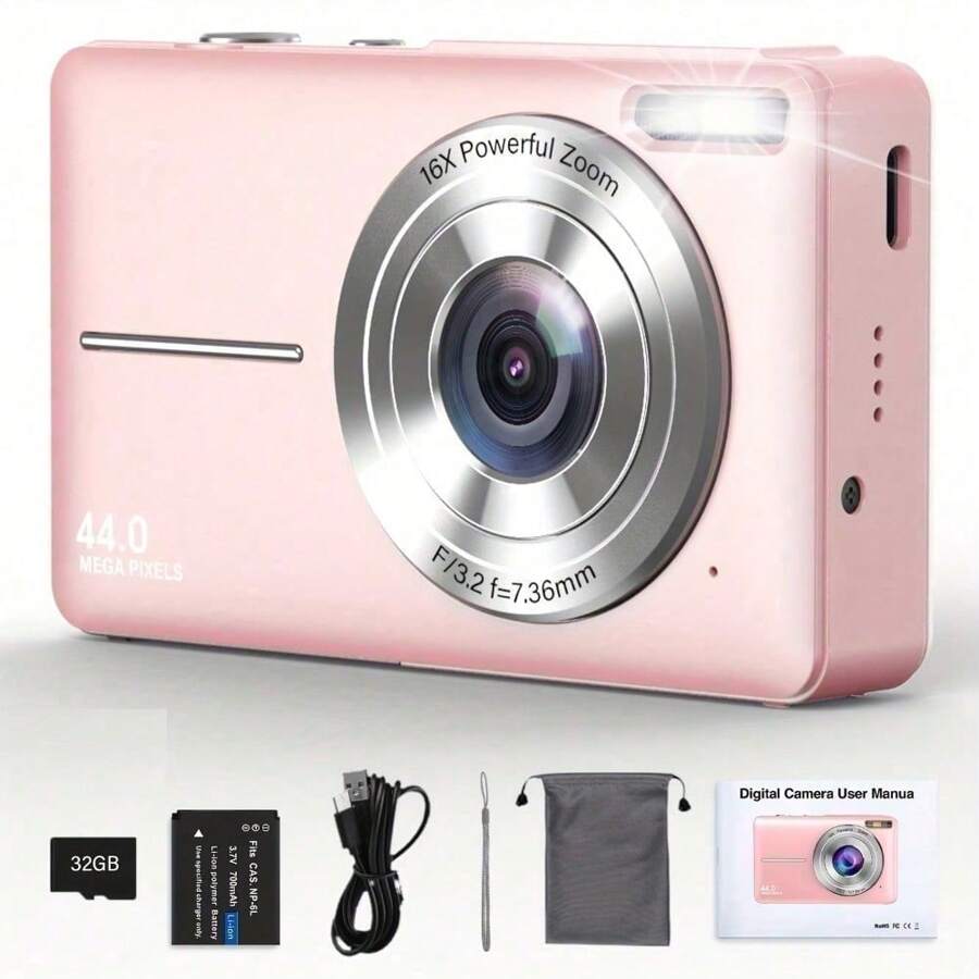 Digital Camera  Newest FHD 1080P 44MP Cameras For Photography, Point And Shoot Digital Camera For Kids With 32GB Card, 16X Zoom, Anti-Shake, Compact Small Travel Camera For Girls Boys Teens Kids - Pink - View 1