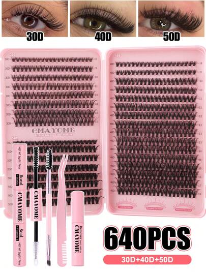 DIY 640pcs D Curl Individual Lashes Extension Kit, 10-16mm 30D+40D+50D Black Thick Cluster Fake Lashes, Fluffy D Curl Volume Lash Extension Set For Home Use Lash Clusters Kit, Lashes, Eyelashes, Fake Lashes