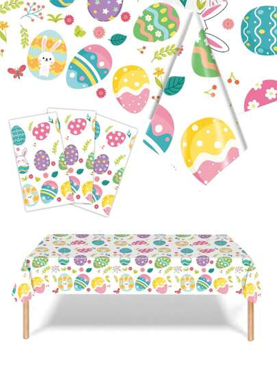 1pc Easter Tablecloth With Colorful Rabbit & Egg Patterns, 54 X 108 Inches Disposable Plastic Rectangular Cartoon Tablecloth For Easter, Spring Parties, Birthday Party Table Decorations