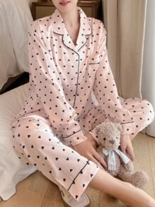 Women's Pajama Set, Satin Premium Feeling Pajamas, Lapel Heart All Over Print Women's Pajamas, Comfortable Skinny Women's Pajamas - Perfect Gift For Her!