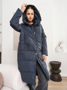 Women's Winter Solid Color Hooded Long Down Jacket, High-Quality Fashion Minimalist Elegant Design, Suitable For Daily Wear, Work, School, New Year Eve, Holiday Outerwear