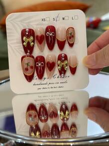 10pcs American Retro Sweet Cherry Nail Stickers, Vintage INS Style 3D Red Cherry Gold Bow Handmade Almond-Shaped Gel Nail Art, Exquisite Retro Cute Manicure, Hand-Painted Bow And Heart, New Year Nails, Holiday Nails, Precise Vintage Sense Hot Girl Nails, Bling Sparkling Gold Beads, Handmade Reusable Press-On Nails, Y2K Nails (Random Packaging Card)