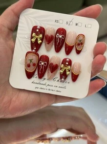 10pcs American Retro Sweet Cherry Nail Stickers, Vintage INS Style 3D Red Cherry Gold Bow Handmade Almond-Shaped Gel Nail Art, Exquisite Retro Cute Manicure, Hand-Painted Bow And Heart, New Year Nails, Holiday Nails, Precise Vintage Sense Hot Girl Nails, Bling Sparkling Gold Beads, Handmade Reusable Press-On Nails, Y2K Nails (Random Packaging Card)