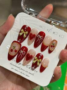 10pcs American Retro Sweet Cherry Nail Stickers, Vintage INS Style 3D Red Cherry Gold Bow Handmade Almond-Shaped Gel Nail Art, Exquisite Retro Cute Manicure, Hand-Painted Bow And Heart, New Year Nails, Holiday Nails, Precise Vintage Sense Hot Girl Nails, Bling Sparkling Gold Beads, Handmade Reusable Press-On Nails, Y2K Nails (Random Packaging Card)