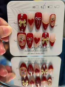 10pcs American Retro Sweet Cherry Nail Stickers, Vintage INS Style 3D Red Cherry Gold Bow Handmade Almond-Shaped Gel Nail Art, Exquisite Retro Cute Manicure, Hand-Painted Bow And Heart, New Year Nails, Holiday Nails, Precise Vintage Sense Hot Girl Nails, Bling Sparkling Gold Beads, Handmade Reusable Press-On Nails, Y2K Nails (Random Packaging Card)