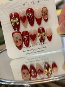 10pcs American Retro Sweet Cherry Nail Stickers, Vintage INS Style 3D Red Cherry Gold Bow Handmade Almond-Shaped Gel Nail Art, Exquisite Retro Cute Manicure, Hand-Painted Bow And Heart, New Year Nails, Holiday Nails, Precise Vintage Sense Hot Girl Nails, Bling Sparkling Gold Beads, Handmade Reusable Press-On Nails, Y2K Nails (Random Packaging Card)