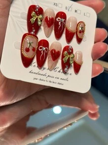 10pcs American Retro Sweet Cherry Nail Stickers, Vintage INS Style 3D Red Cherry Gold Bow Handmade Almond-Shaped Gel Nail Art, Exquisite Retro Cute Manicure, Hand-Painted Bow And Heart, New Year Nails, Holiday Nails, Precise Vintage Sense Hot Girl Nails, Bling Sparkling Gold Beads, Handmade Reusable Press-On Nails, Y2K Nails (Random Packaging Card)