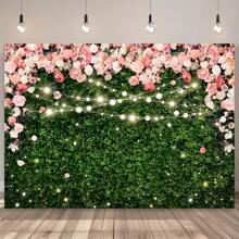 Tela de poliéster con estampado floral de rosas rosadas y hojas verdes, fondo de fotografía para sesión fotográfica de bodas, cumpleaños o naturaleza de flores de campo primaveral y femenina. - Verde - Ver 1