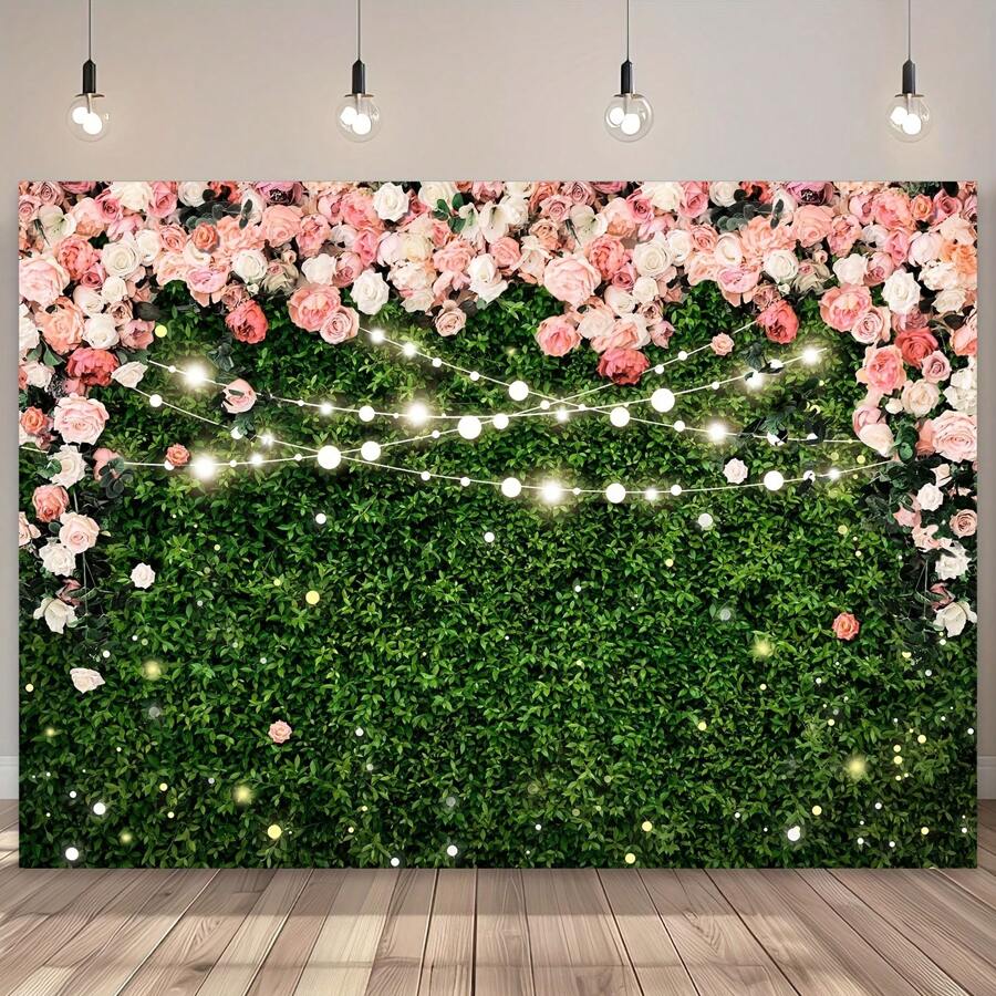 Tela de poliéster con estampado floral de rosas rosadas y hojas verdes, fondo de fotografía para sesión fotográfica de bodas, cumpleaños o naturaleza de flores de campo primaveral y femenina. - Verde - Ver 1