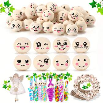 40 Piece 8 Styles Wooden Beads With Face 20mm/0.78in Smiling Face Wooden Bead Round With Hole For DIY Crafting Craft Keychain