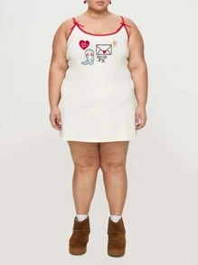 Women Plus Size Heart Bow Print Spaghetti Strap Sleeveless Cami Dresses - White - View 6