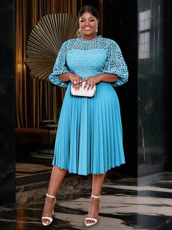 Plus Size Solid Color Lace Patchwork Lantern Sleeve Dress