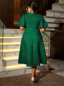 Plus Size Women Rose Jacquard Puff Sleeve A-Line Graduation Dress, Suitable For Commuting, Elegant Cocktail Party, Semi-Formal Dance, Birthday, Wedding Guest, Graduation Ceremony, Gala, Homecoming, Party And Other Occasions, For Valentine's Day - Green - View 3