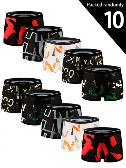 Set de 10 bóxers estampados sin costuras para hombre, de patrones aleatorios, con ropa interior de seda de hielo ligera y transpirable