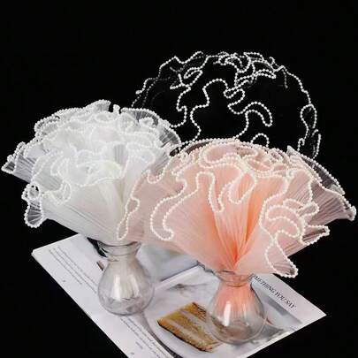 1 件波浪纱布花包装纸、珍珠网丝带、玫瑰花束包装材料，适用于花店 DIY、返校情人节