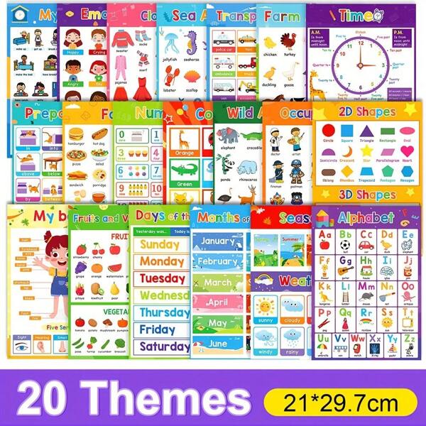 Lachilly Bộ 20 tấm áp phích học tiếng Anh A4 theo chủ đề, thẻ từ flashcard giáo dục cho trẻ mầm non, trang trí lớp học và hỗ trợ giảng dạy