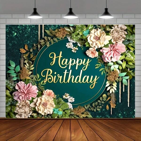 1 Piece, Happy Birthday Polyester Photography Background, Flower Green Grass Background - Party Decoration Banner For Men And Women, Photo Booth Supplies