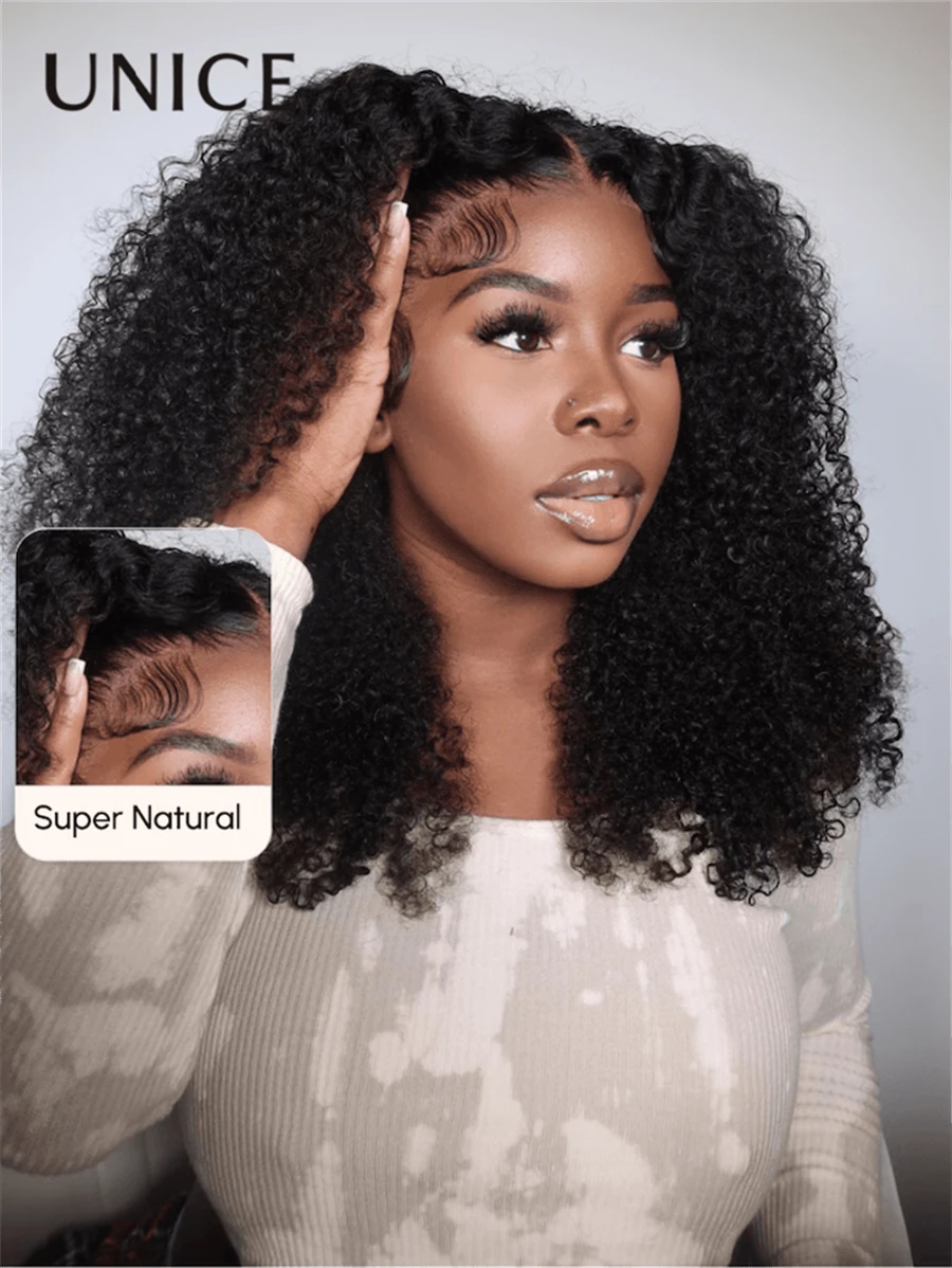 UNice Hair Kinky Curly Human Hair Wigs 7X5 Bye Bye Knots Lace Closure Glueless Wigs Human Hair Ready To Go Pre Plucked Pre Cut Pre Baby Hair Put On And Go Glueless Human Hair Wigs Bleached Knots Curly Wig 150% Density - SNatural - 查看 1