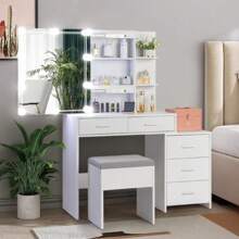 5 Drawer Dresser Set With Large Illuminated Mirror Bedroom Makeup Dress, Dresser Set Bedroom, Bathroom, White - White - View 1