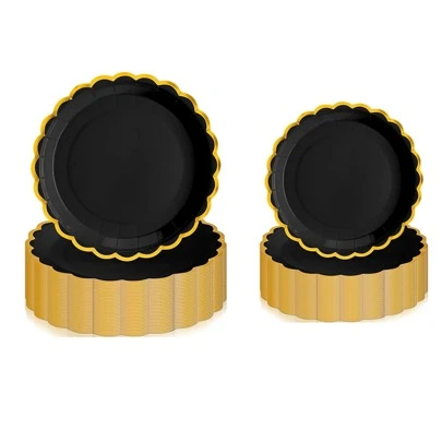 10 יחידות צלחות נייר מסולסלות בשחור וזהב עם גבול זהב צלחות חד פעמיות צלחות מסולסלות דקורטיביות צלחות קינוח נייר עוגת ליום הולדת חתונה מקלחת כלה ציוד מסיבת יום נישואין פרישה