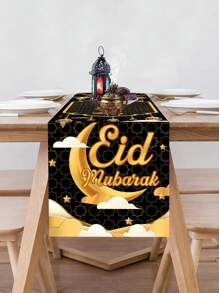 1pc Black & Gold Theme Eid Al-Fitr Table Runner, With Moon Lantern & Mandala Flower Elements, Eid Mubarak, Made Of Polyester, 35x180cm, Suitable For Eid Al-Fitr Holiday Table Decoration