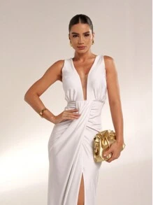 Vestido Yris Trilobal Fenda Lateral Longo Festa Madrinha - Branco - Visão 5