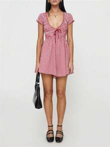 Women's Y2K Gingham Ruched Mini Romper Dress Plaid Short Sleeve Deep V Neck Bow Front Smocked Waist Summer Wide Leg Short Jumpsuits Babydoll Dresses Summer Streetwear - 紅色 - 查看 2