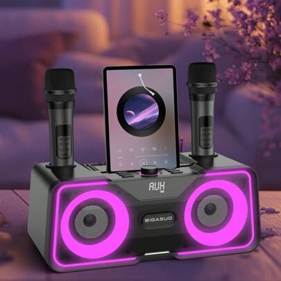 便携式卡拉OK机，多功能无线音箱，配备2个UHF无线麦克风和动态LED灯，内置5000mAh可充电电池，支持多设备连接，适合家庭聚会、朋友派对、婚礼、室内外活动。也是朋友生日、节日、新年、情人节的理想礼物。