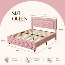 Twin/ Full/ Queen/ King Size Bed Frame, Upholstered Bed Frame With Diamond Headboard And Footboard, White/ Beige/ Black/ Grey/ Pink/ Purple/ Green