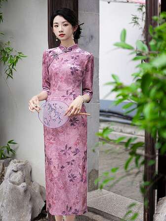 Women's Summer Elegant Cheongsam Style Button Contrast Lace Long Dress