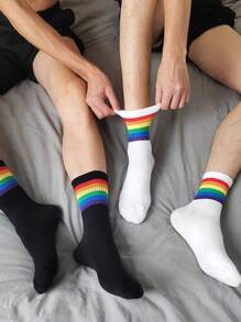 6 Pairs Minimalist Black & White Rainbow Pattern Unisex Comfortable Breathable Mid-Calf Socks, Stylish For Spring/Autumn, Fall - Multicolor - View 5