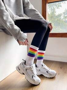 6 Pairs Minimalist Black & White Rainbow Pattern Unisex Comfortable Breathable Mid-Calf Socks, Stylish For Spring/Autumn, Fall - Multicolor - View 9