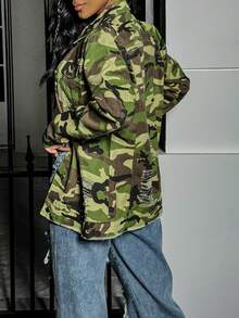 Women's Long Sleeved Button Up Collar Denim Jacket With Pockets - Khaki - View 3