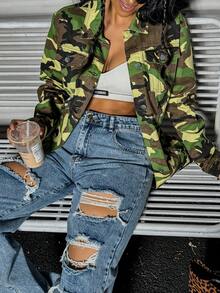 Women's Long Sleeved Button Up Collar Denim Jacket With Pockets - Khaki - View 2