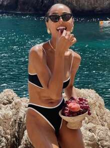 女士纯色黑白拼接性感休闲度假比基尼泳装套装，适合夏季海滩