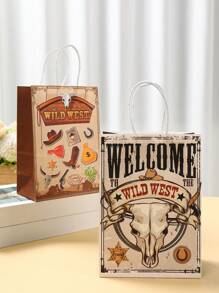 4 件装狂野西部牛仔主题派对礼品牛皮纸袋（带手柄）、狂野西部生日派对礼品包装袋、感谢纸袋、狂野西部派对桌面装饰用品、牛皮纸包装袋、便携式手提零售购物袋、狂野西部生日派对礼品、DIY 礼品包装 - 西部牛仔 - 查看 4