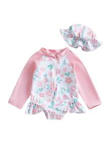 2 Stück Baby Mädchen Badeanzug Rash Guard Einteiler Langarm mit Blumenprint, Baby Volant Badeanzug Schwimmanzug mit Badekappe Set