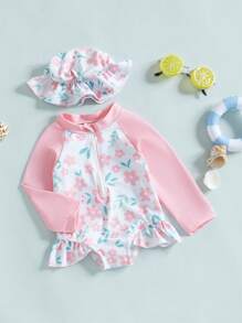 2 Stück Baby Mädchen Badeanzug Rash Guard Einteiler Langarm mit Blumenprint, Baby Volant Badeanzug Schwimmanzug mit Badekappe Set