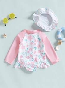 2 Stück Baby Mädchen Badeanzug Rash Guard Einteiler Langarm mit Blumenprint, Baby Volant Badeanzug Schwimmanzug mit Badekappe Set