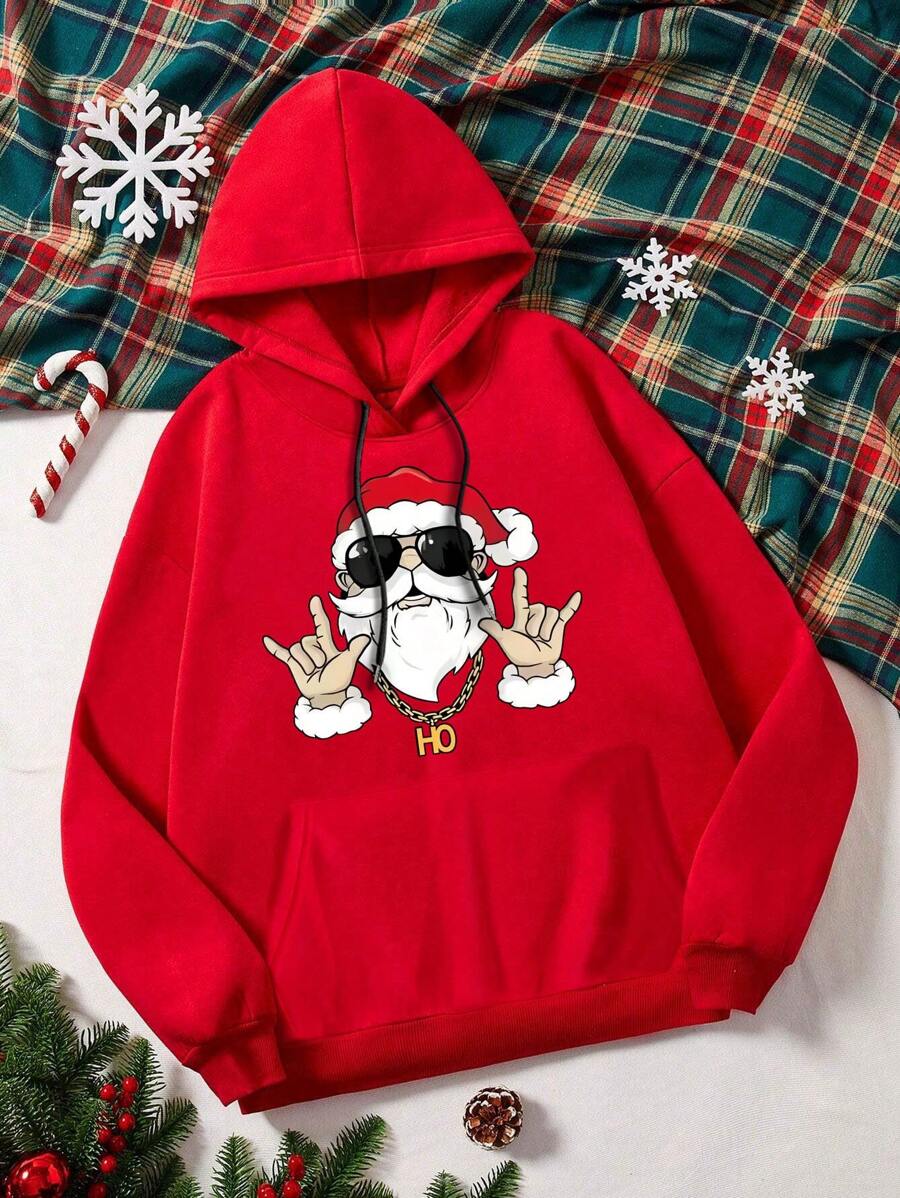 Áo nỉ trùm đầu in hình ông già Noel vui nhộn có dây rút màu đỏ dáng rộng cho nam, thường ngày cho mùa xuân, thu và đông - Đỏ - Xem 1