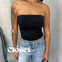 Women's Suplex Strapless Tube Top With Bust Lining One Size - màu đen - Xem 5