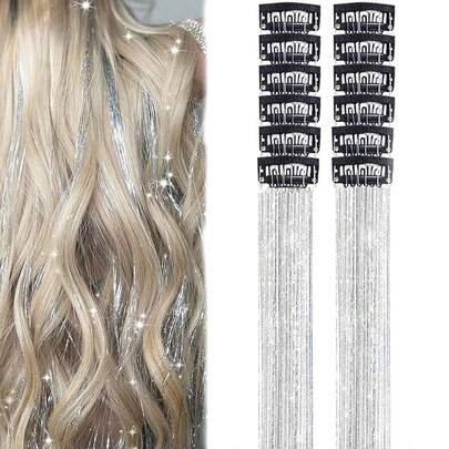 12Pcs Hair Tinsel Clip In 20Inch Fashion Glitter Tinsel Synthetic Straight Hair Extensions Clip In Hair Tinsel Kit Heat Resistant Shiny Sparkle Fairy Hair Accessories For Women (Silver)