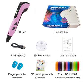 High-Temperature 3D Printing Pen Combo, Comes With 12 Colors Of PLA Filament And Base Paper Film Drawing Board Thermal Protection Fingerstalls Back To School