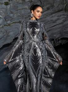 Faeriesty Glamorous Bell Sleeve Extra Long Sleeve Sequin Print Formal Party Dress, Wedding Guest Dress, Evening Gown - Silver - View 8